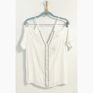 Muche Muchette White Short Sleeve Boho Cold Shoulder Lace-Up Graham Top